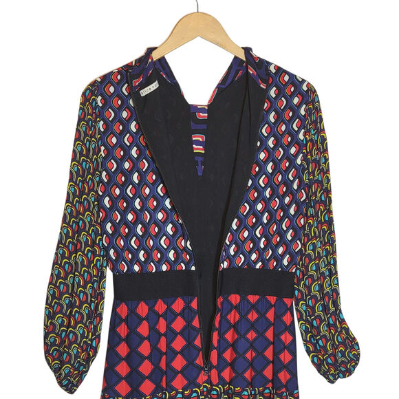 Alice + Olivia Karolina Mod Moon Tie Neck Blouson Sleeve Colorblock Midi Dress 6 - Picture 11 of 16